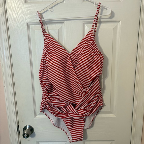 Nicole Miller Other - Nicole Miller Red and White Striped One Piece Swimsuit with Flattering Drapery